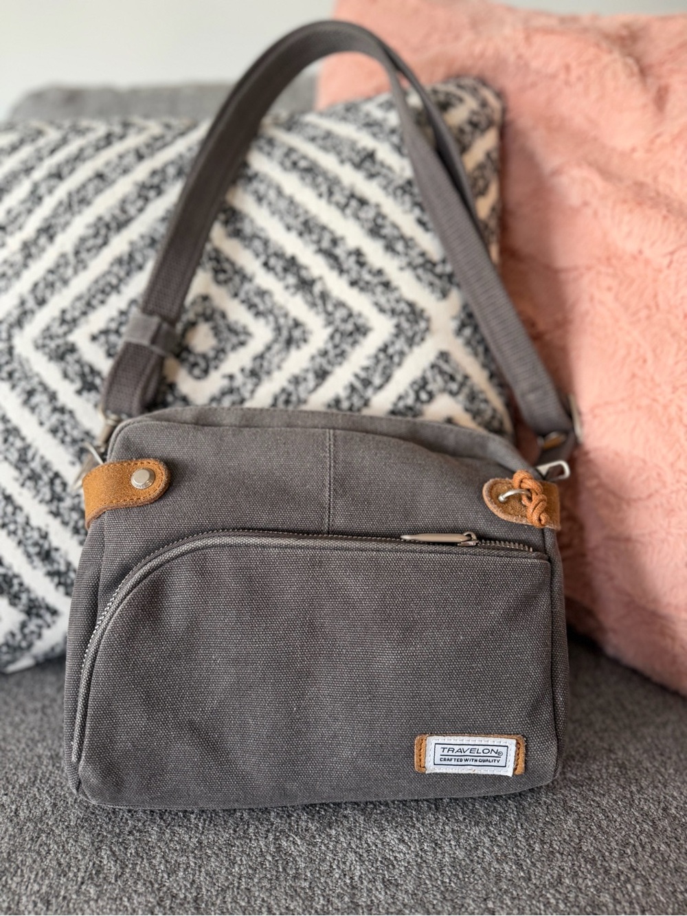 Travelon Anti-Theft Gray Canvas Crossbody Bag with Tan Suede Accents